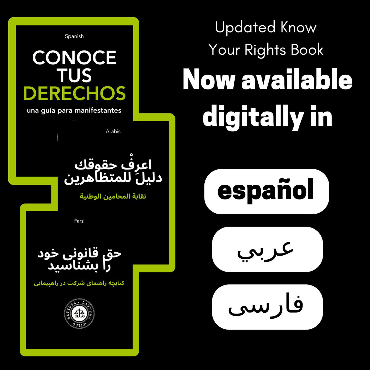 Our updated Know Your Rights for Protesters guide is now available for digital download in three additional languages: Spanish, Arabic, and Farsi

You can access the PDF documents online at nlg.org/know-your-righ…