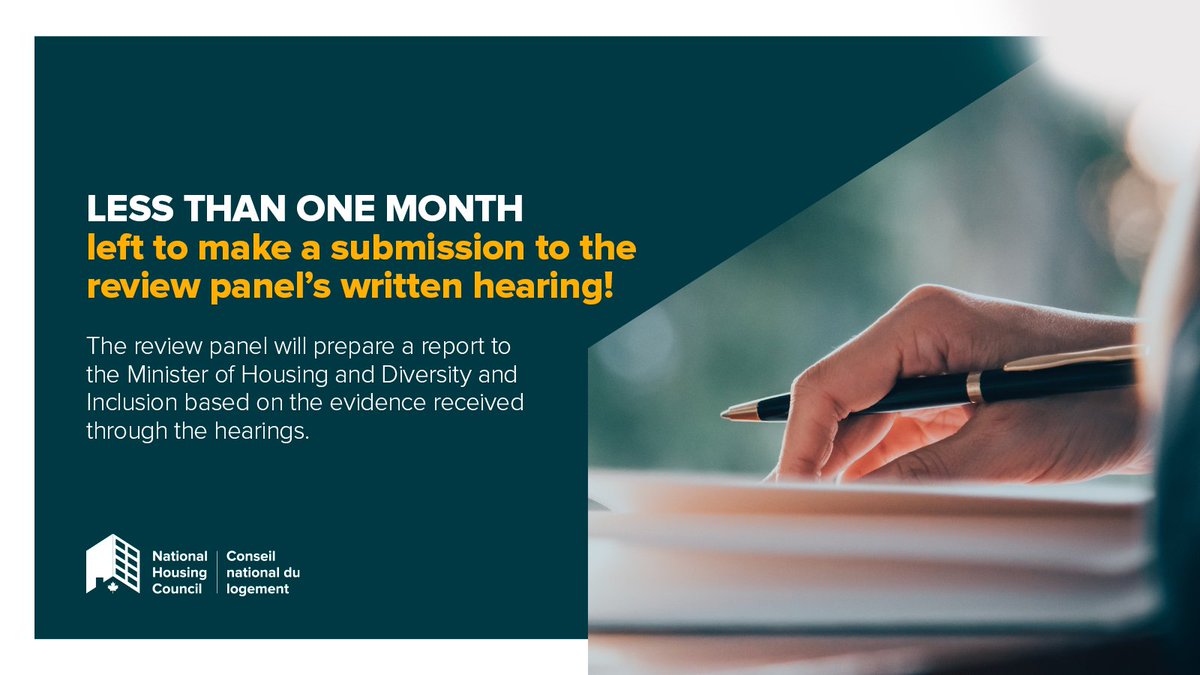 .<a href="/EN_NHC/">The National Housing Council</a>'s review panel is accepting submissions on the financialization of purpose-built rental housing till Aug. 31. 

This is a key moment to outline how financialization is impacting the #Right2Housing of communities and propose solutions. 

Details ➜ nhc-cnl.ca/review-panels/…