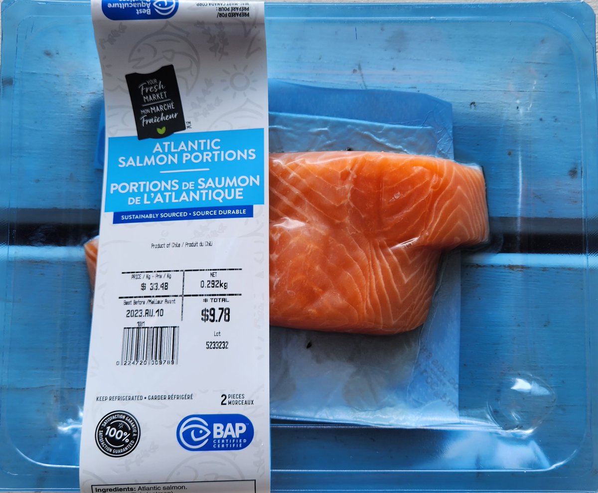 HughMMitchell's tweet photo. In the Ottawa Valley at our family cottage. Picked this up at a local small town supermarket. Fresh from Chile!!! We North Americans are losing out. #aquaculture #science #salmon https://t.co/wMYH7zZanR