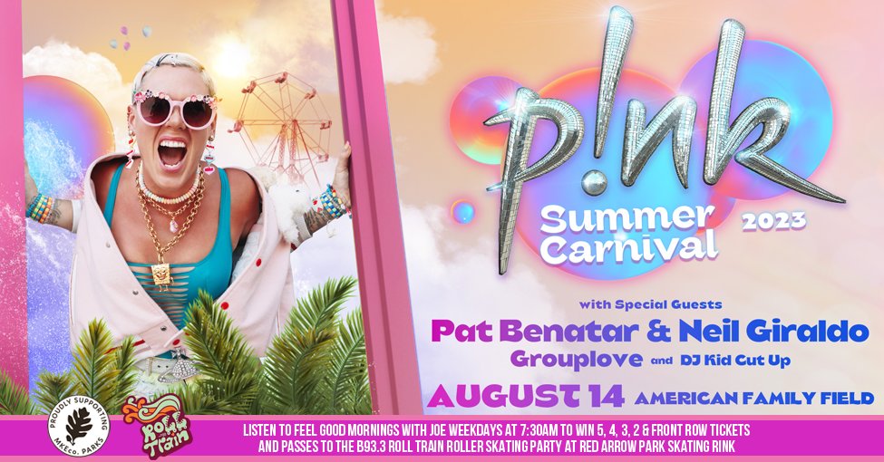 Less than a week until <a href="/Pink/">P!nk</a> plays <a href="/AmFamField/">American Family Field</a>! Listen to win tickets to see her with <a href="/benatargiraldo/">Benatar and Giraldo</a> PLUS a skate party at Red Arrow Park led by Roll Train! Your last chance to win is tomorrow at 730a.  Special thanks to <a href="/CountyParks/">Milwaukee County Parks</a>