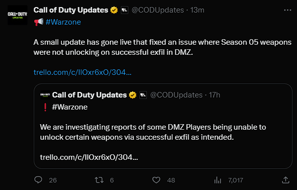 A new update has went live to fix the DMZ issue which wouldn't allow you to unlock Season 05 weapons on successful exfil.