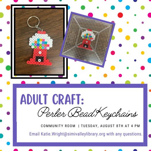 SimiLibrary's tweet photo. Join us on the second Tuesday of every month in the Community Room for Adult Crafts. Our craft for August is Perler Bead Keychains!
#simi #svpl #similibrary #adultcraft https://t.co/t5BN1Wwq4V