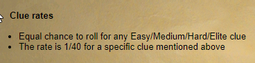 SoulbearerRS's tweet photo. @JagexAsh can you confirm if this means it's a 1/40 chance for a specific clue or a 1/40 chance to hit the clue table, aka 1/160 for an elite. The wording on this is confusing some people https://t.co/2NWPp9rW8u