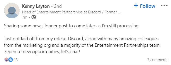 zachbussey's tweet photo. Discord appears to have laid off staff in both Marketing and Partnership departments.
#StreamerNews #TOSgg https://t.co/QQbY2AXMw0