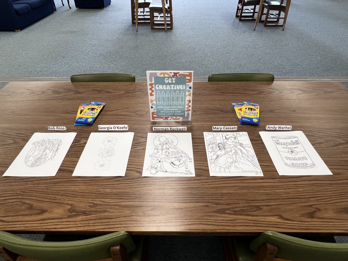 LaTechPrescott's tweet photo. While you are here, get creative with some color sheets, inspired by the work of famous artists, such as Bob Ross and Mary Cassatt! Scroll through for a look at this month's displays! (2/2) https://t.co/87J1oB6bMy