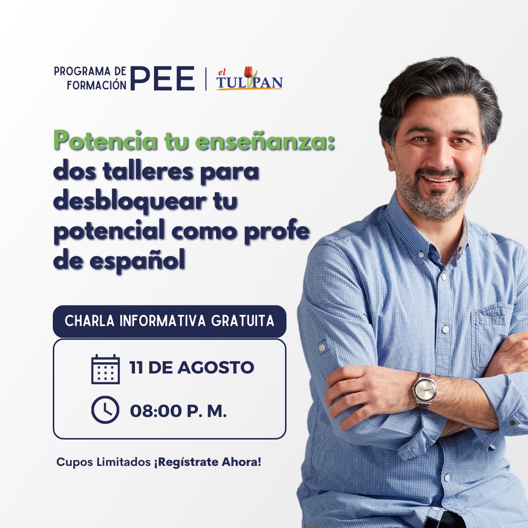 ProFormacionPEE's tweet photo. Charla Informativa el 11 de agosto📍¡Regístrate aquí! ➡️ https://t.co/a32CZRgnSF

#FormaciónProfesional #ProgramaDeFormación #Enseñanza #Enseñar #Español #TeachSpanish #ElTulipan #ELE #EnseñarEspañol #ProfesoresDeEspañol #ClasesOnline #SpanishTeacher #ProgramaDeFormacióPEE https://t.co/irAPgvTouD