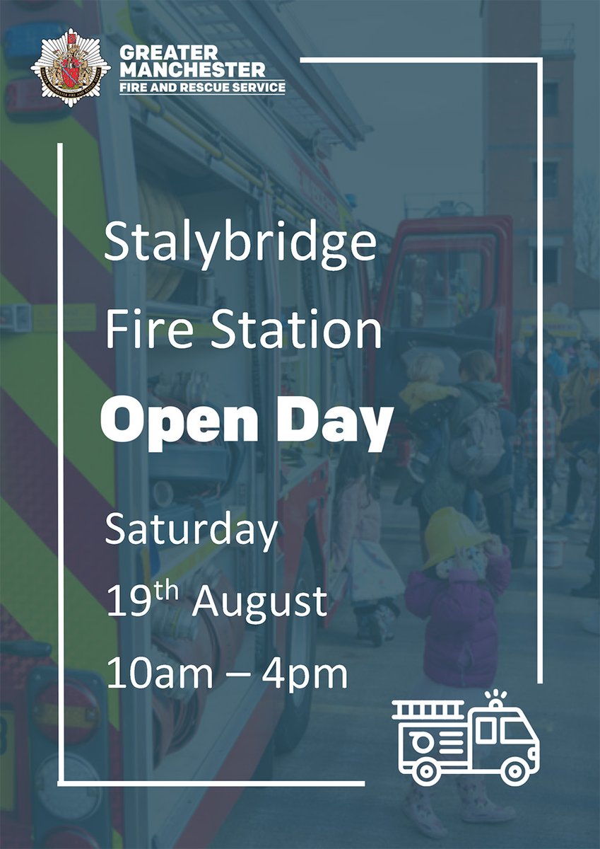TamesideCouncil's tweet image. 🚨Stalybridge Fire Station will be holding a Charity Family Fun day on Saturday 19 Aug, 10am-4pm.

This event will be raising money for Ruddi's Retreat and the Fire Fighters Charity. 

Alongside food stalls, the fire, police and ambulance service will be there with demos 🚓🚑🚒