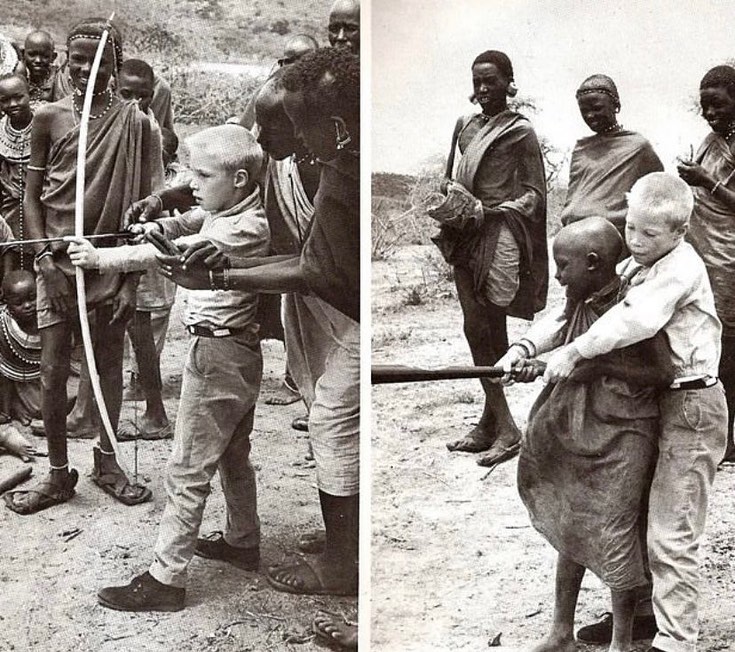 fasc1nate's tweet photo. Two boys show each other different skills, Kenya, 1962.

9-year-old Kevin from New York had come to Kenya to join his stepfather as guest of a Maasai tribe, where he and the chief’s son Dionni became close companions.   Kevin wrote in his diary:  

“The Maasai taught me lots of things. They are very nice people and we had no problems understanding each other. They taught me to shoot the heaviest bow I have ever seen and I taught Dionni how to play baseball and write his name. He doesn’t speak any English and I learned 11 words in Swahili.”
