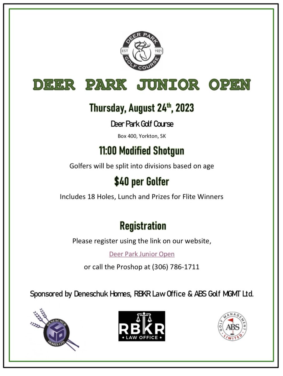 If you are a junior golfer in the area that is looking for a fun round and some tournament experience, look no further! Deer Park is hosting our 2023 Junior Open on Thursday, August 24th! 

Follow the link to register now!

docs.google.com/forms/d/1H4O_l…