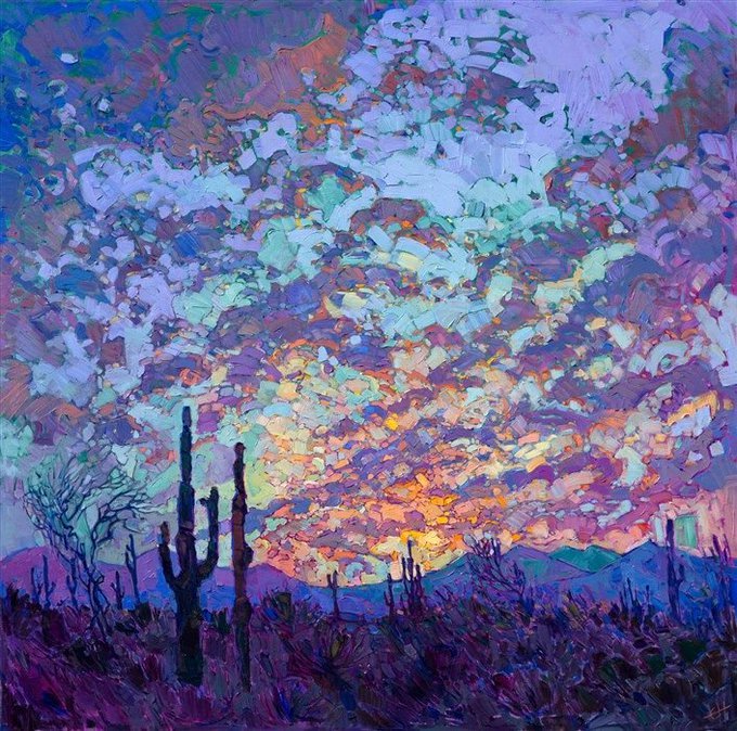 'Saguaro Dusk' by contemporary US Impressionist style painter Erin Hanson #WomensArt