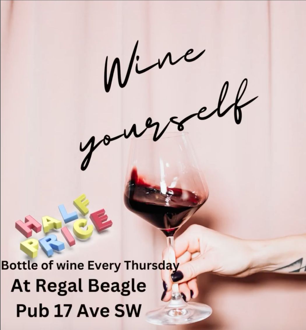 🍷🌟 Thirsty Thursday Alert! 🌟🍷

Raise your glasses because @regalbeaglepubyyc has a grape-tastic deal for you! Every Thursday, enjoy 1/2 PRICE bottles of wine! 🍾

#WineLovers #ThirstyThursday #HalfPriceWine #CheersToThat #17thave #yyc #calgary
