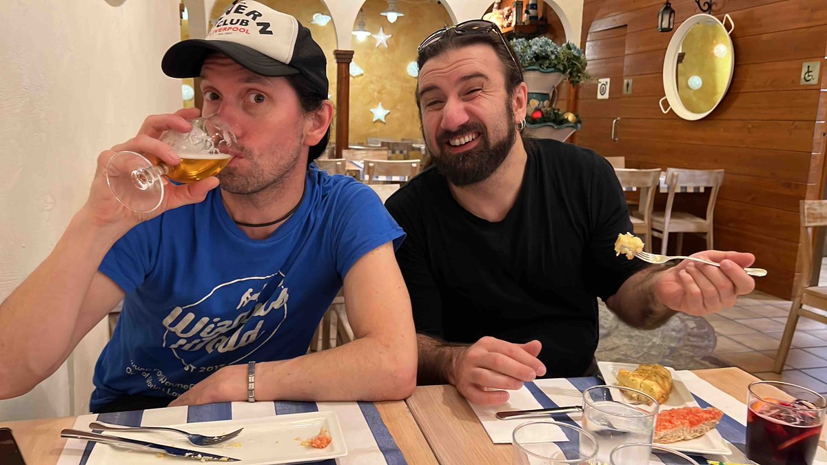 DragonForce's tweet photo. Here is Sam &amp; Gee enjoying some beer &amp; dessert last time we were in Spain 🇪🇸 We head back in just over a week for @LeyendasRockFes 🤘🏼 Who is going? https://t.co/rYm0wtt1qW