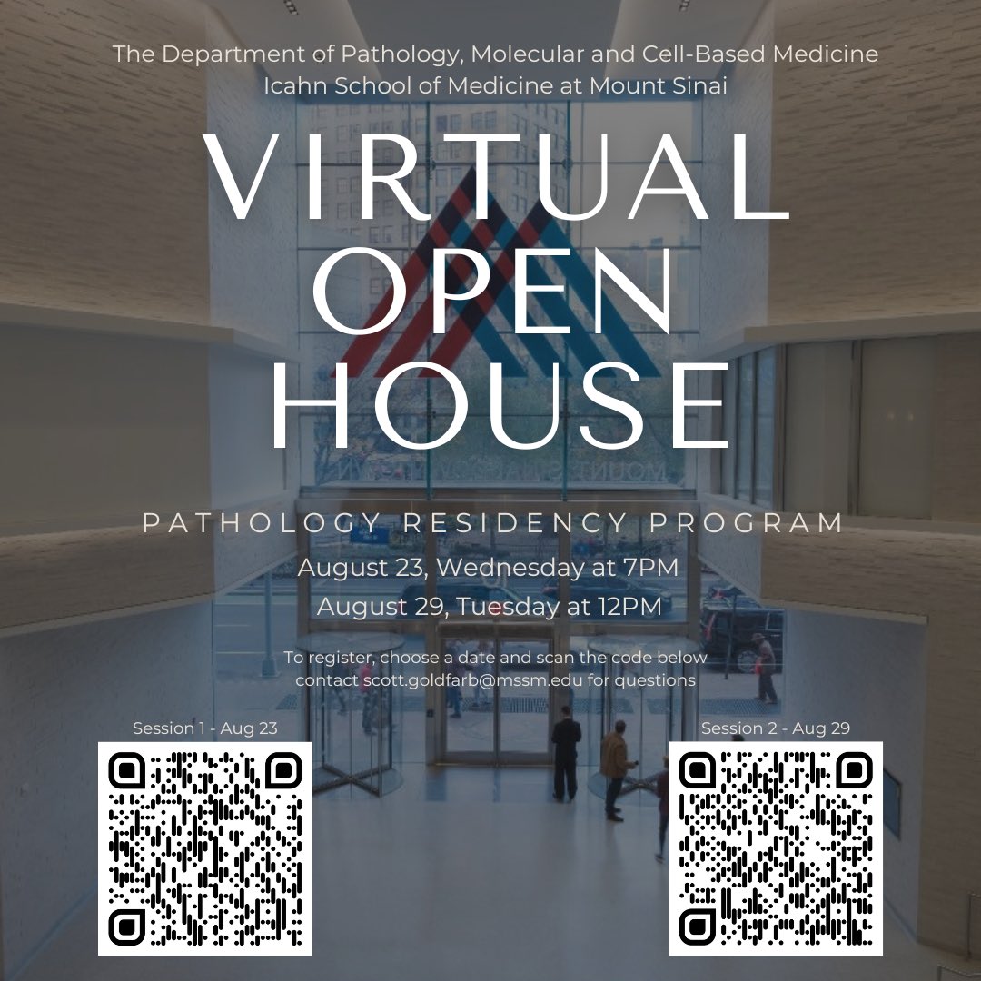 Come join our Pathology Residency Program Virtual Open House. Wednesday, August 23rd at 7pm and Tuesday, August 29th at 12pm.