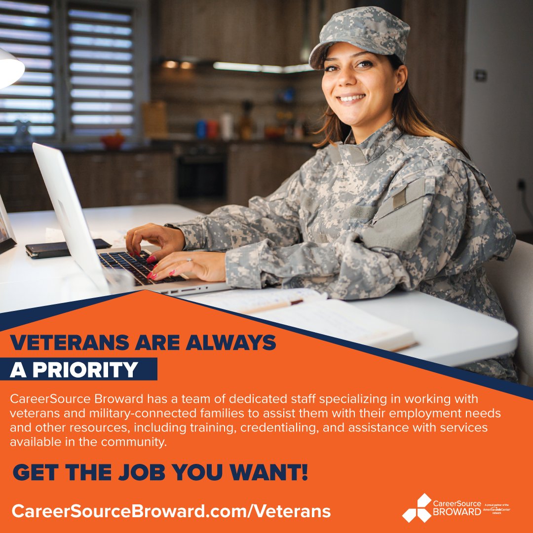 CareerSourceBD's tweet photo. CareerSource Broward has a team of dedicated staff specializing in working with veterans and military-connected families to assist them with their employment needs and other resources.

https://t.co/4swKXsKtki https://t.co/oHTWXnBzld