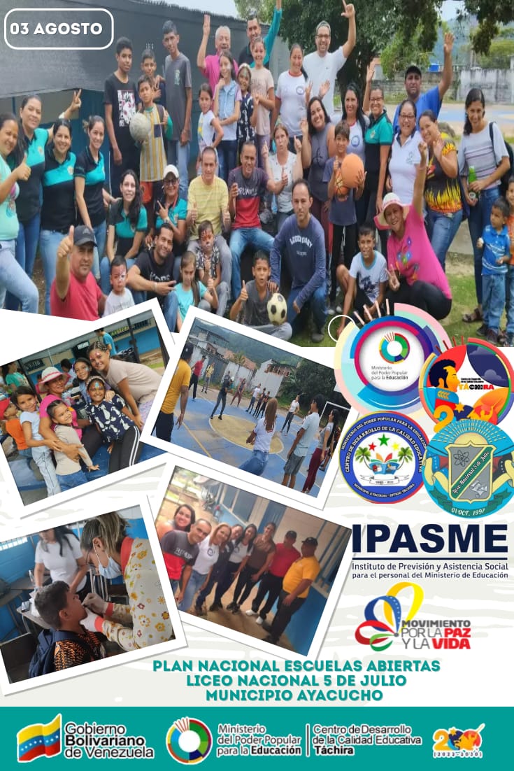 Desde el LN 5 de Julio del Municipio Ayacucho, se da inicio al PLAN ESCUELAS ABIERTAS, brindando atención médica, actividades recreativas y deportivas integrando a la comunidad <a href="/CDCETachira/">CDCE Táchira</a> <a href="/cdceayacucho/">CDCE Municipio Ayacucho</a> <a href="/profeFormacion/">INVESTIGACIÓN Y FORMACIÓN</a> <a href="/CoordDirYSuperv/">Coord de Dirección, Supervisión y acompañamiento</a> <a href="/_LaAvanzadora/">Yelitze Santaella</a> @MPPEDUCACION