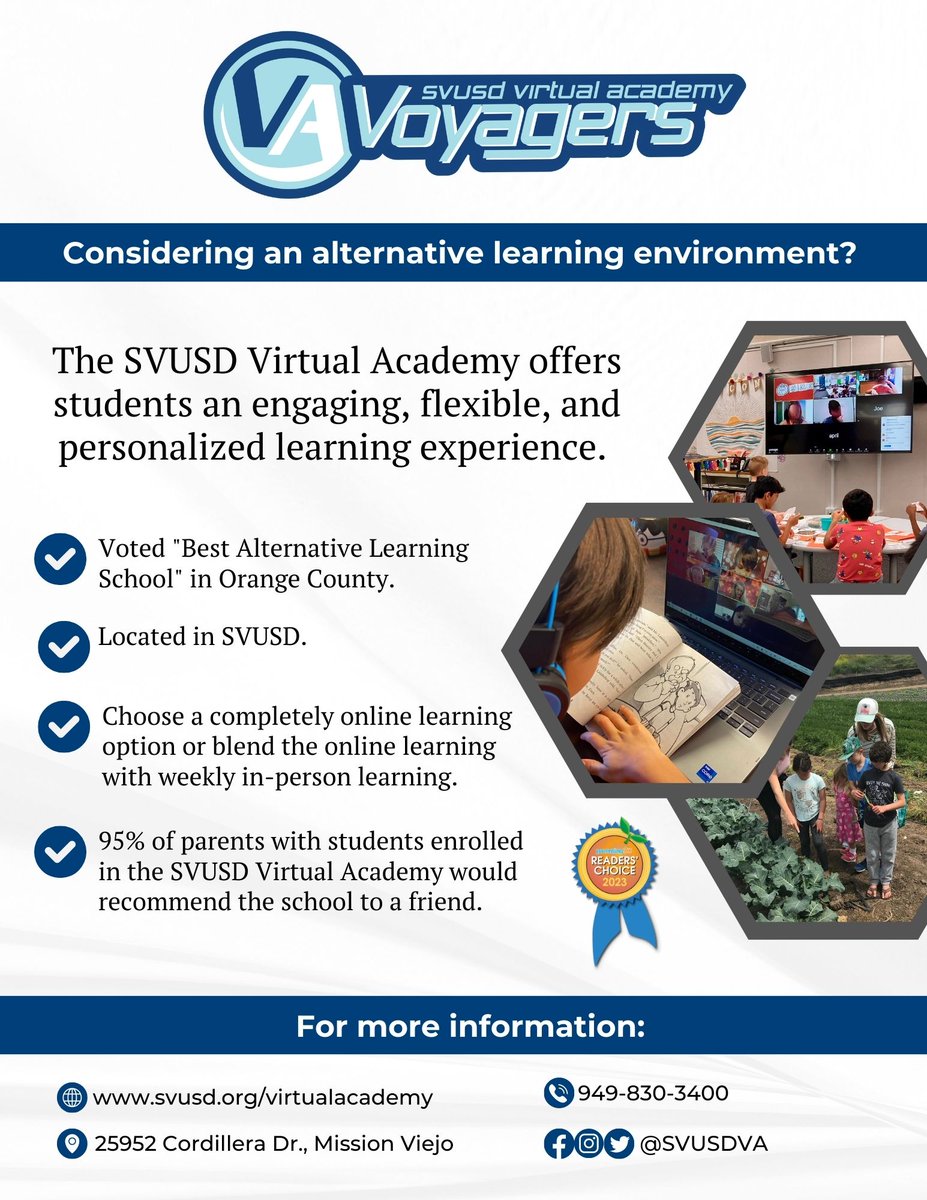Looking for a flexible and high-quality education for your student? The SVUSD Virtual Academy is now enrolling at all grade levels.  For more information or to enroll, call us at 949-830-3400 or visit our website at svusd.org/virtualacademy.