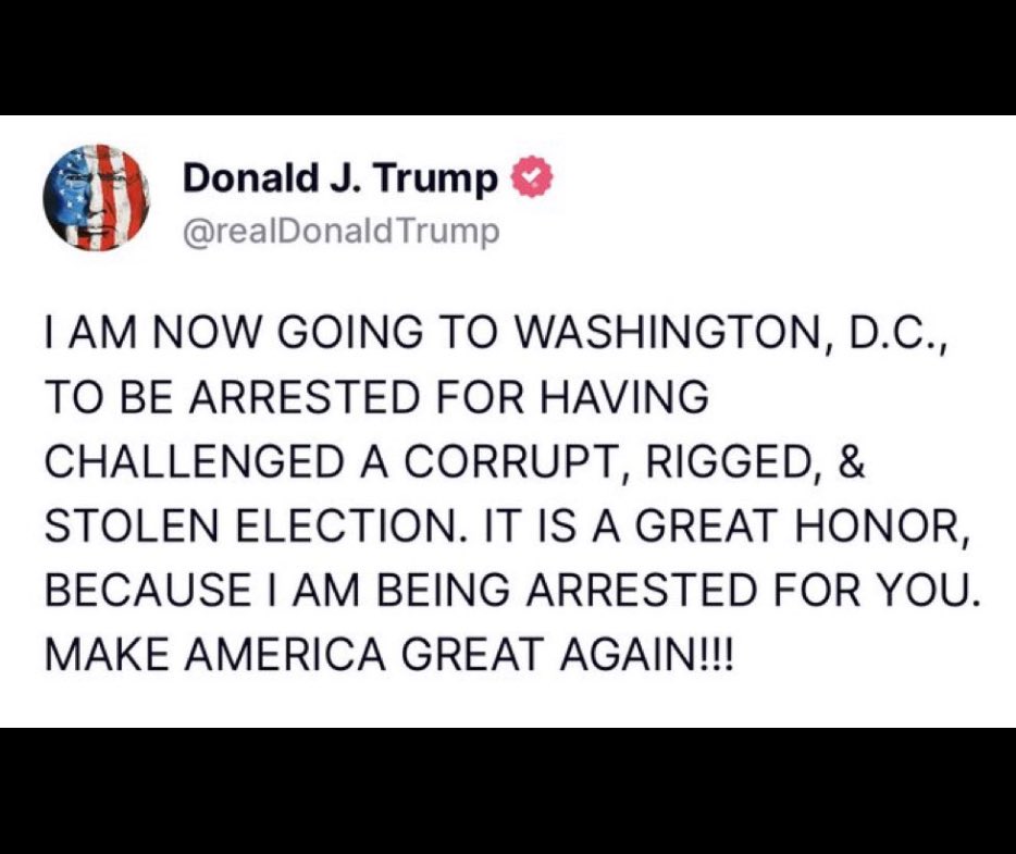 #Trump tra un’ ora sarà davanti alla Corte Federale. “Sto andando a Washinghton DC per essere arrestato  per aver contestato un corrotto, che ha truccato e rubato le elezioni. È un grande onore perché sono in arresto per te. Rendi di nuovo grande l’America!!!”