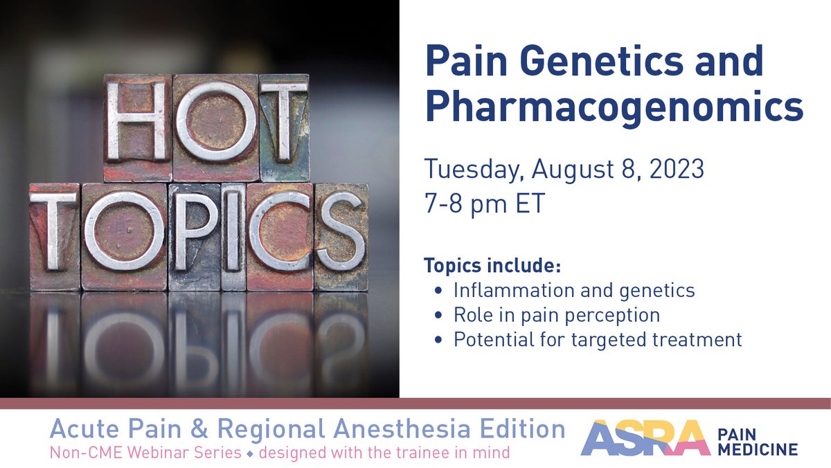 Join us on August 8 at 7 pm ET for the next #regionalanesthesia #acutepain #HotTopics webinar! Expert faculty from @HSSAnesthesia will discuss #pain & pharmacogenomics: how inflammation and genetics affect pain, perception, and treatment. RSVP for free ➡ ow.ly/EtSF50Pa03g