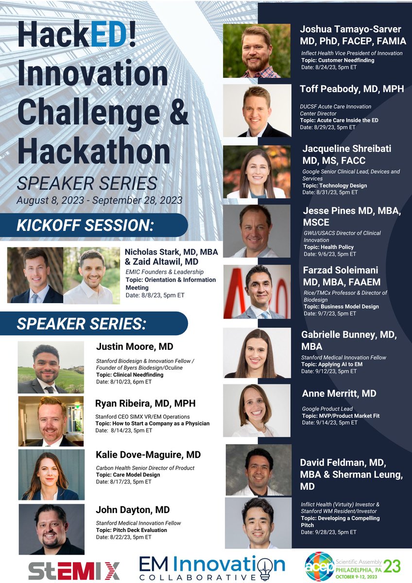 Join us on 8/8 at 5pm ET (2pm PT) for our Speaker Series kickoff event and an info session to learn more about HackED!. (Sign up via this link to receive important information and the Zoom links: docs.google.com/forms/d/e/1FAI…)

#healthcare #emergencymedicine #innovation