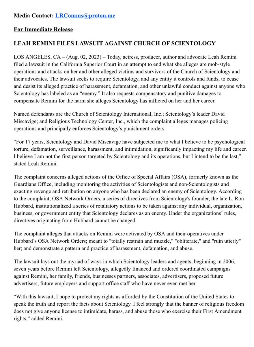 Here is the press release for my lawsuit against Scientology and David Miscavige, along with my personal statement. Thank you for all the support. It means so much.