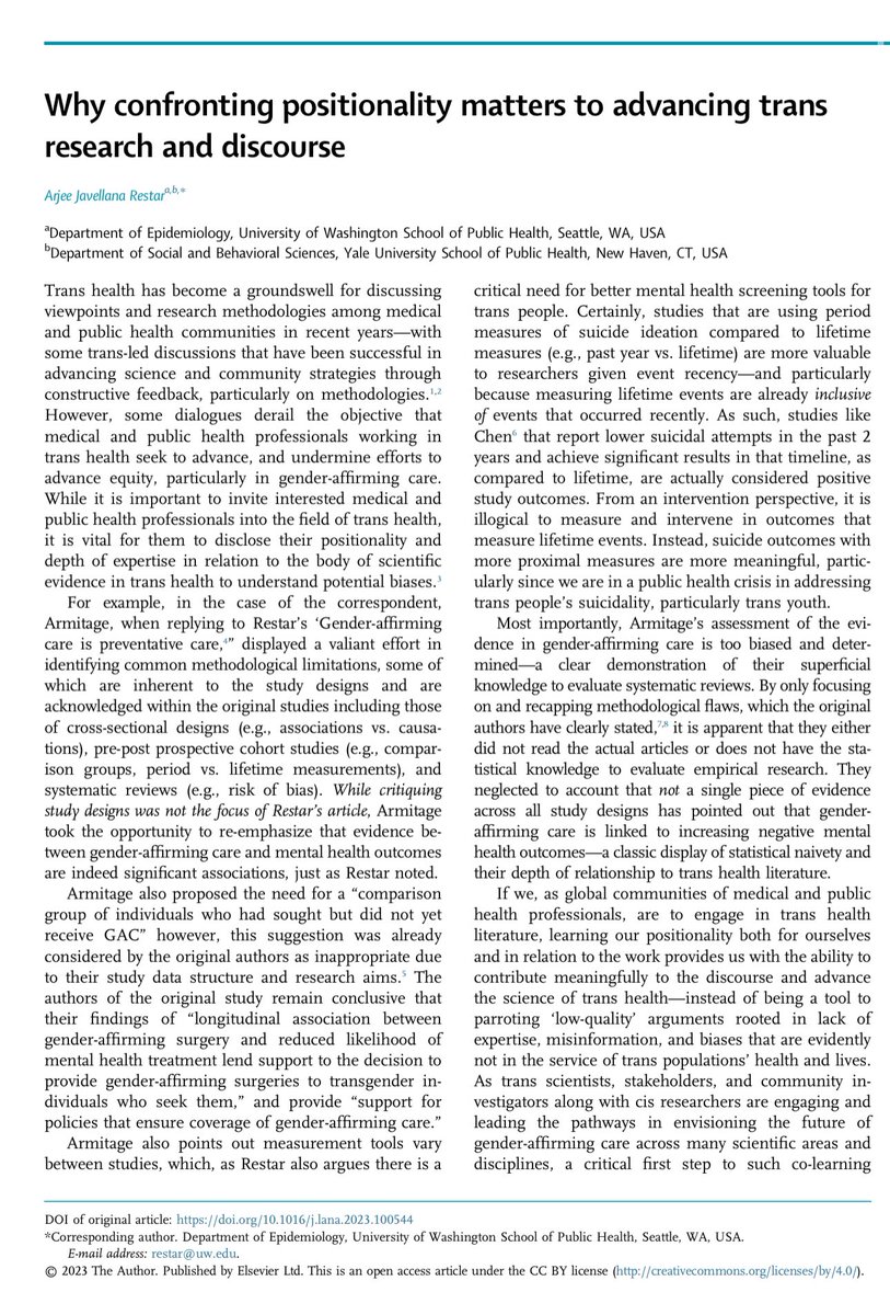 Why confronting positionality matters. ‘If we…are to engage in trans (health equity) work, learning our positionality both for ourselves & in relation to the work…advances science (& prevents us from) being a tool to parroting low-quality arguments.’ w/ thx to my village 🩶