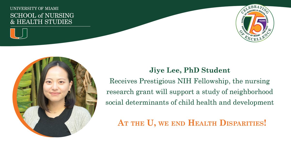UMiamiNursing's tweet photo. SONHS is extremely proud to announce that a second PhD student receives prestigious NIH Fellowship Nursing Research Grant. Congratulations Jiye! Go Canes! #SONHSPhD #NIH #UMiamiNursing #CaneNurse
Full story @ https://t.co/W3SYl1NFLY. https://t.co/ohqrbOX67K