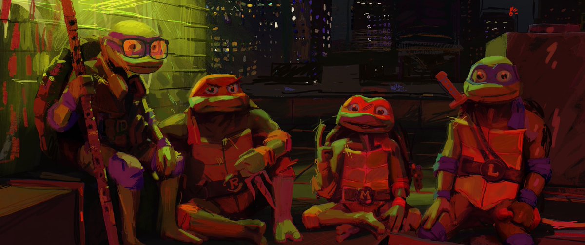 kjettpack's tweet photo. My favorite set of color keys I did for @TMNTMovie , loved painting these. Set design by @SeanSevestre . It’s amazing how close @mikrosanimation was able to match the final shots to these paintings. #MutantMayhem #tmnt  #visdev https://t.co/68xuKmdXpg