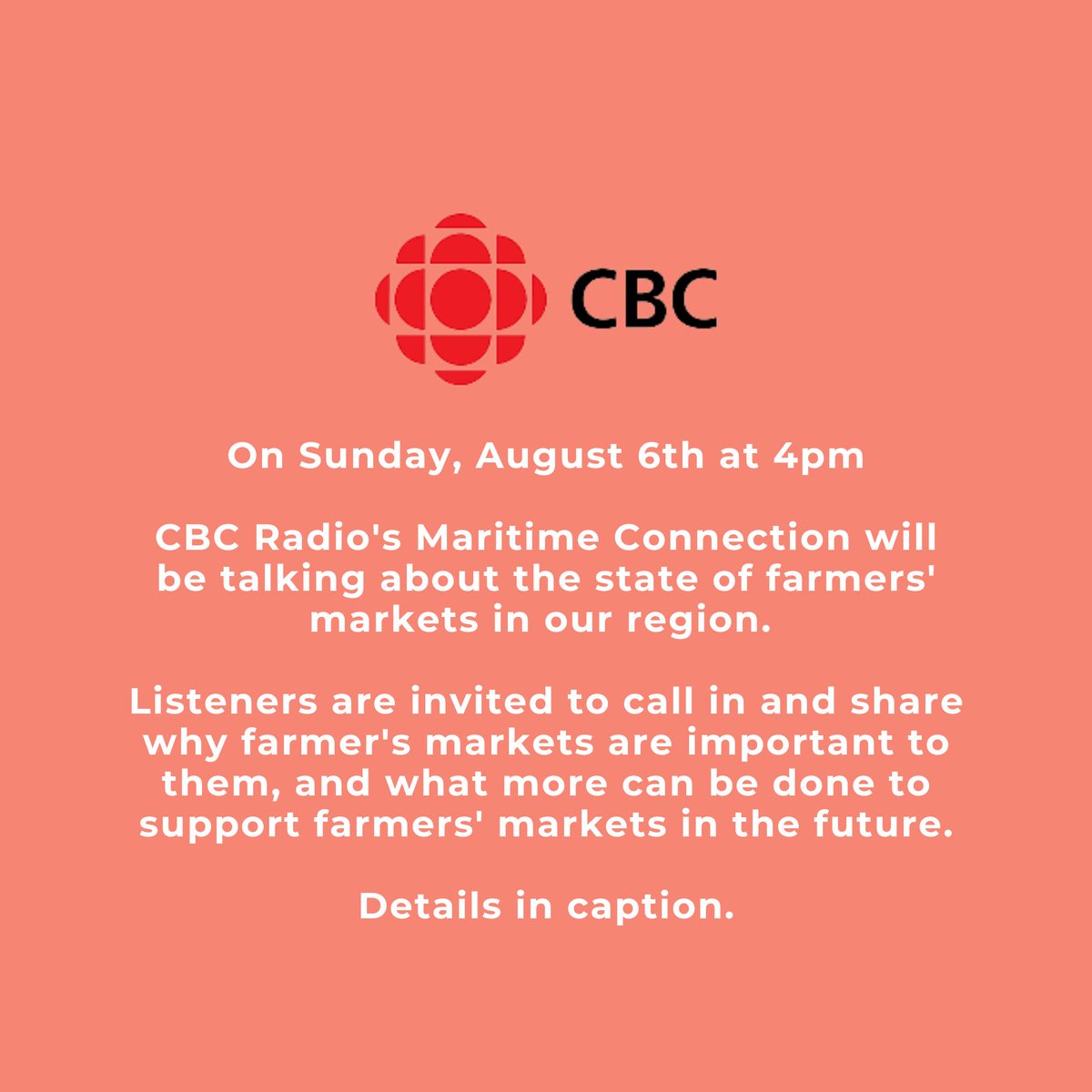 Sun, Aug 6 @ 4pm, CBC Radio's Maritime Connection will be talking about the state of farmers' markets in our region. The # to call is 1-800-565-1940. If you can't call in live, you can also send in a comment via email. The address is maritimeconnection@cbc.ca. @CBCRadioCanada