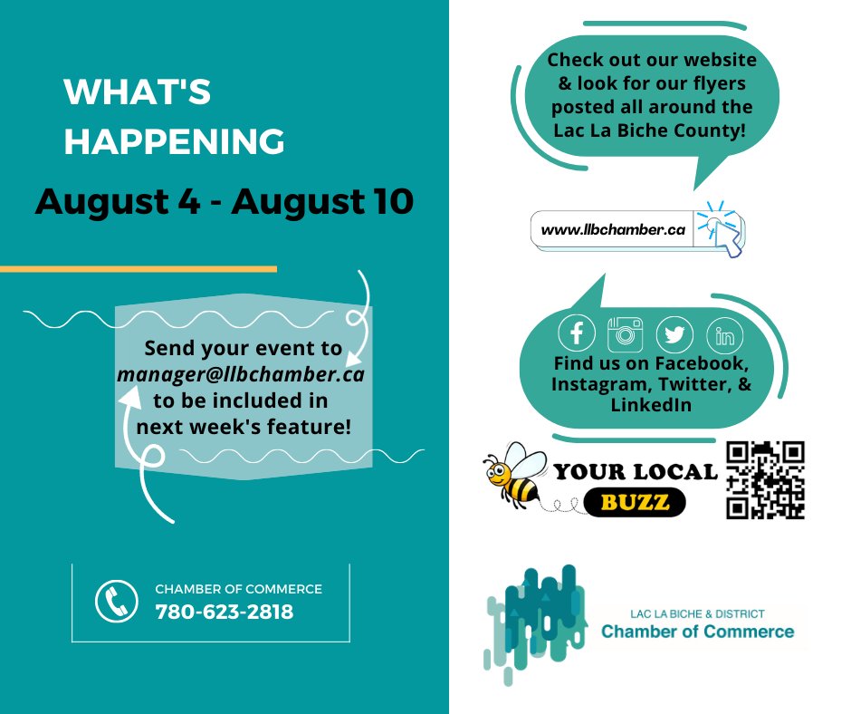 LLBChamber's tweet photo. There's plenty of things to see and do in this week's feature of "What's Happening in Lac La Biche &amp; Surrounding Areas". Below are just a few of the great events taking place right here in our community! https://t.co/ToWOAXvGR5