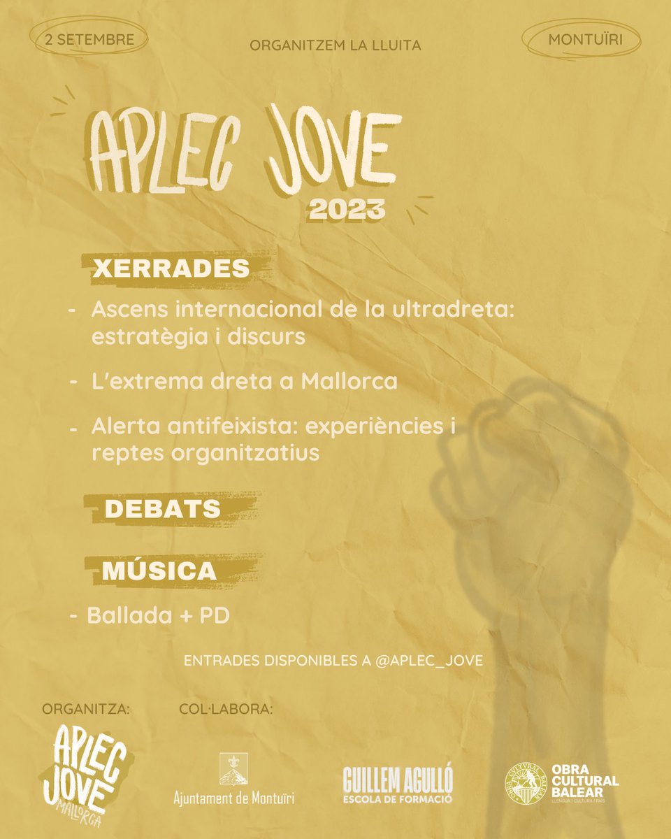 Dia 2 de setembre analitzarem a fons el fenomen de l'extrema dreta i bastirem els fonaments per a l'organització antifeixista. 

Compra la teva entrada i fes créixer l'Aplec Jove 🎟️👇🏻
ticketib.com/es/events/aple…