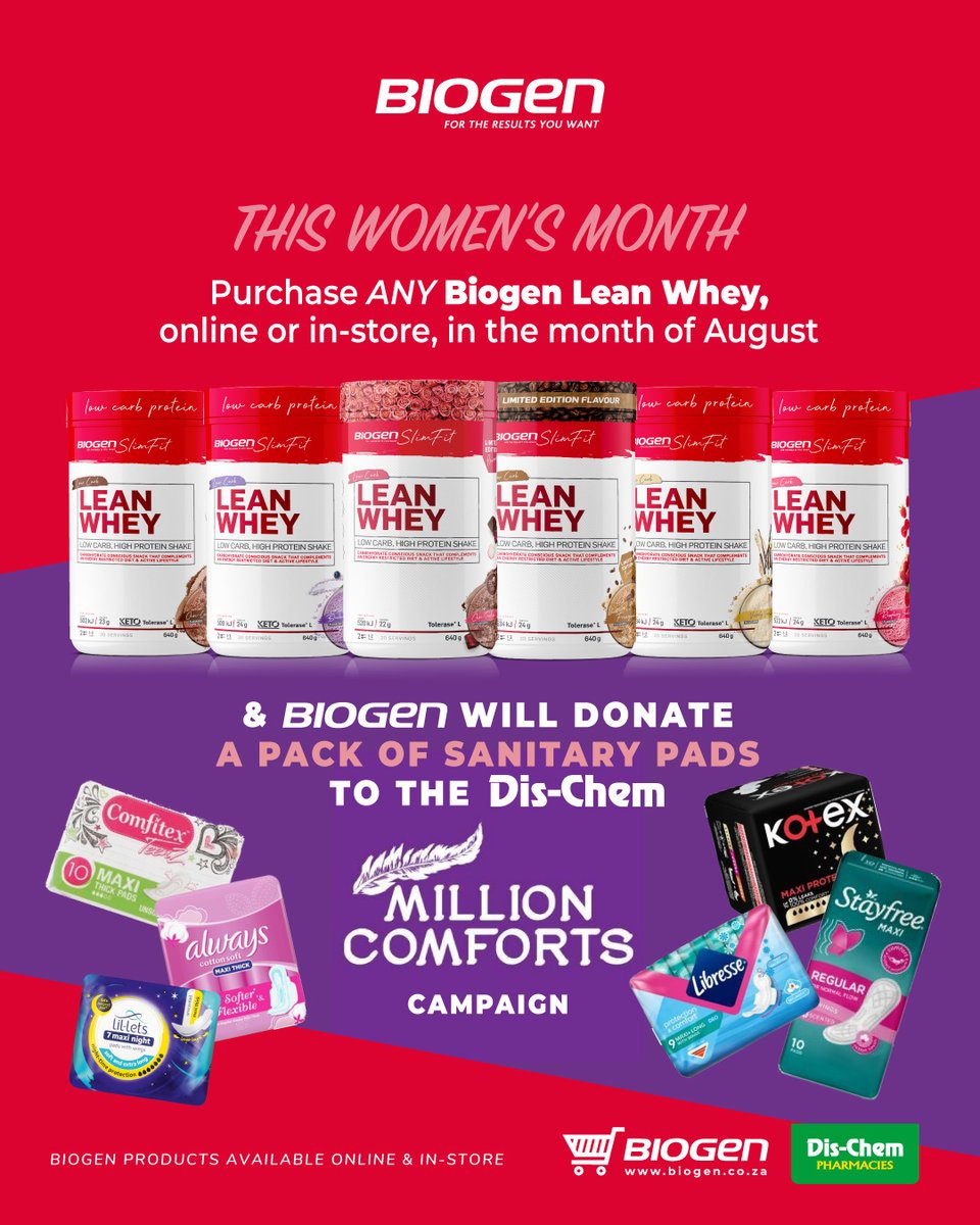 BiogenSA's tweet photo. Help a girl child stay in school with #MillionComforts2023! Buy Biogen Lean Whey online/in-store this August, and weโll donate a pack of sanitary pads to Dis-Chem Million Comforts. @Dischem #DisChemFoundation https://t.co/dOlM0LnGsa