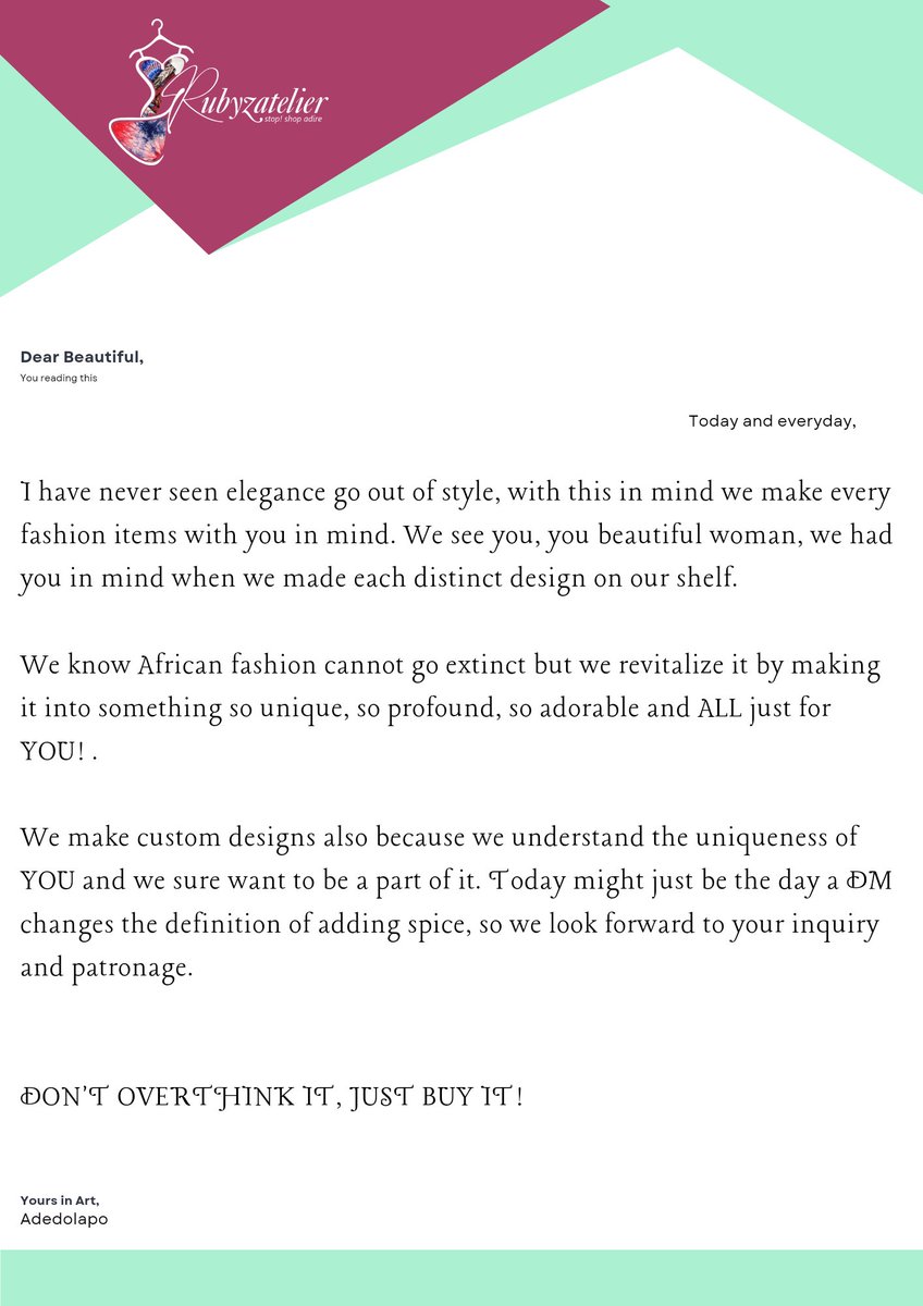 TemiofRubyz's tweet photo. Dear Beautiful,
All of our designs are made with you in mind.
Intricately designed, drafted and sewn perfectly just for YOU.
We hope you make us part of your journey of elegance through Afrocentric fashion.
#shopRuby https://t.co/xy07acWnnH