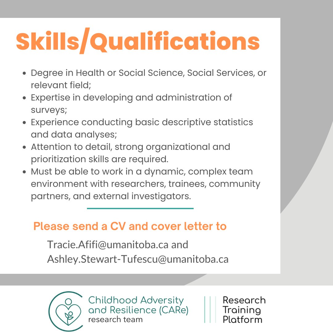 Childhood Adversity and Resilience (CARe) Research (@careresearchum) on Twitter photo Join our amazing @care_research_rtp team! Learn more about the project led by Drs. <a href="/TracieAfifi/">Dr. Tracie O. Afifi</a> and <a href="/astewarttufescu/">Dr. Ashley Stewart-Tufescu, PhD, RSW</a> at: carertp.ca Join our amazing @care_research_rtp team! Learn more about the project led by Drs. <a href="/TracieAfifi/">Dr. Tracie O. Afifi</a> and <a href="/astewarttufescu/">Dr. Ashley Stewart-Tufescu, PhD, RSW</a> at: carertp.ca