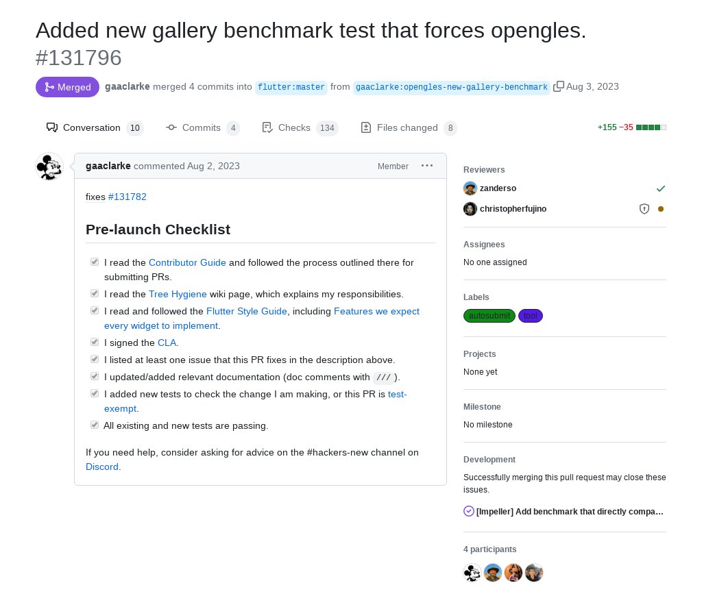 'Added new gallery benchmark test that forces opengles.' by gaaclarke was merged into #Flutter master github.com/flutter/flutte…