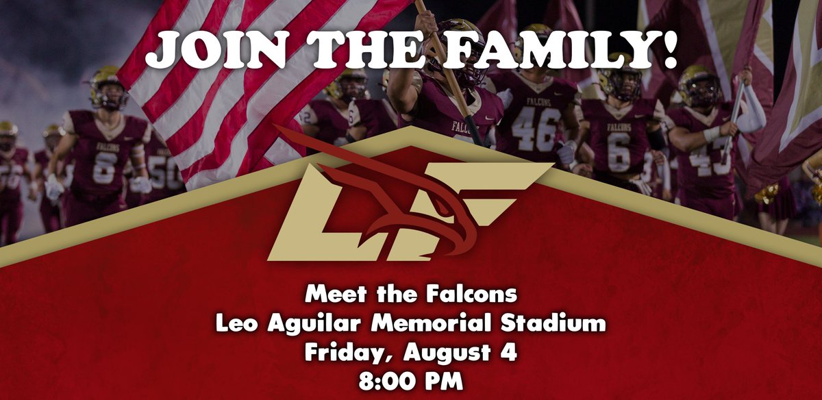 Join the Falcon Football Family tomorrow night to kick off the 2023-2024 season with a meet and greet!

Meet the Falcons
📍Leo Aguilar Stadium
🕞8:00 pm