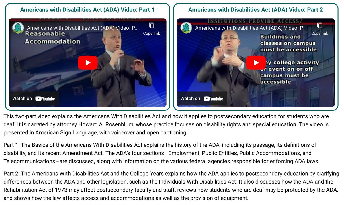 These two videos from <a href="/NationalDeafCtr/">National Deaf Center</a> explain the Americans with Disabilities Act (ADA) and how it applies to deaf students in postsecondary education. The video is presented in ASL, with voiceovers and captions. Watch the videos here:

nationaldeafcenter.org/resource-items… 

#AccessATE #ADA
