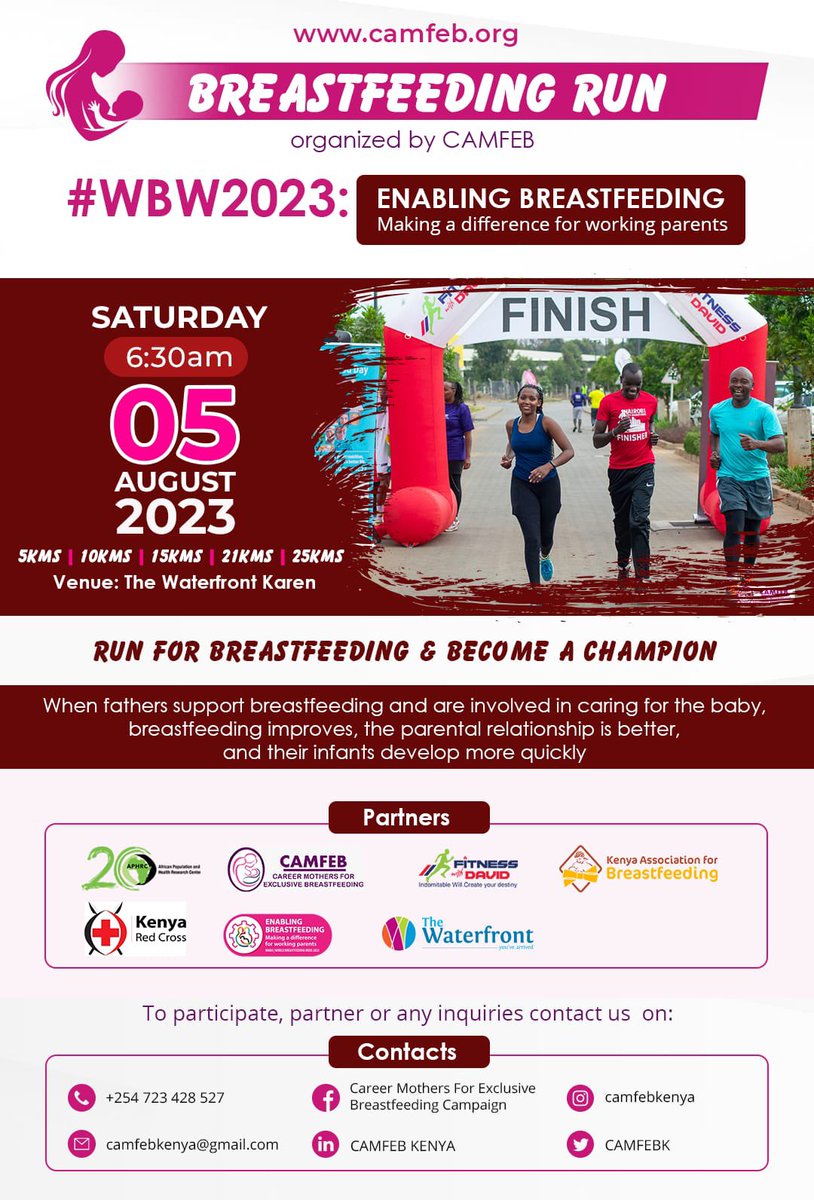 Liz_Kimani's tweet photo. Let’s #EnableBreastfeeding by supporting working women to combine work with breastfeeding adequately. 

Join us for #BreastfeedingRun at The WaterFront Karen, Saturday 5th August as we commemorate #WorldBreastfeedingWeek2023  

Register here: https://t.co/QK7ZF7fvUH

We @aphrc support breastfeeding, & work with others like @CAMFEBK @MOH_Kenya to do the same! 

#Breastfeeding has so many benefits - to the child, the mother, & the whole society.  We cannot talk about the big things: #health, #humancapital, #EconomicDevelopment, #HealthyFood, #ClimateChange, #ClimateJustice, #ClimateAction without talking breastfeeding! 

#WorldBreastfeedingWeek
#WBW2023KE #EnablingBreastfeeding #EnablingBreastfeedingAtWork
#WABA 
#RightToFood
#ZeroHunger
#CAMFEB