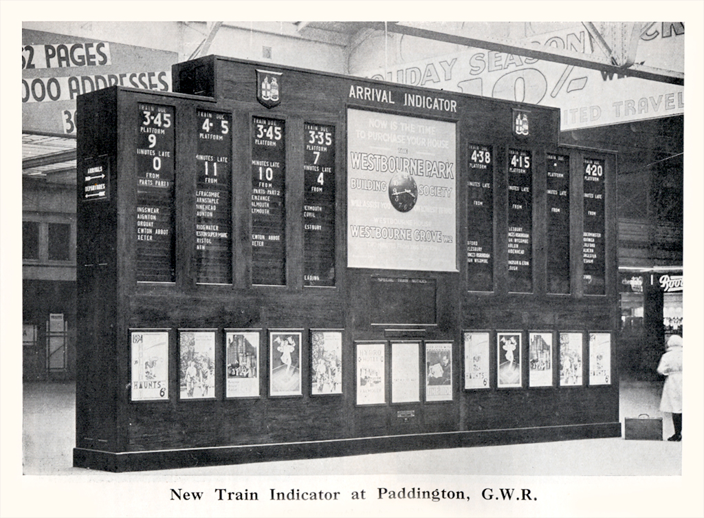 The information age - 1934. Train indicator board at Paddington Station.  From The Railway Magazine. #GWR #GreatWesternRailway #Paddington #London #1934 #1930s #BritishRailways #VintageRailways