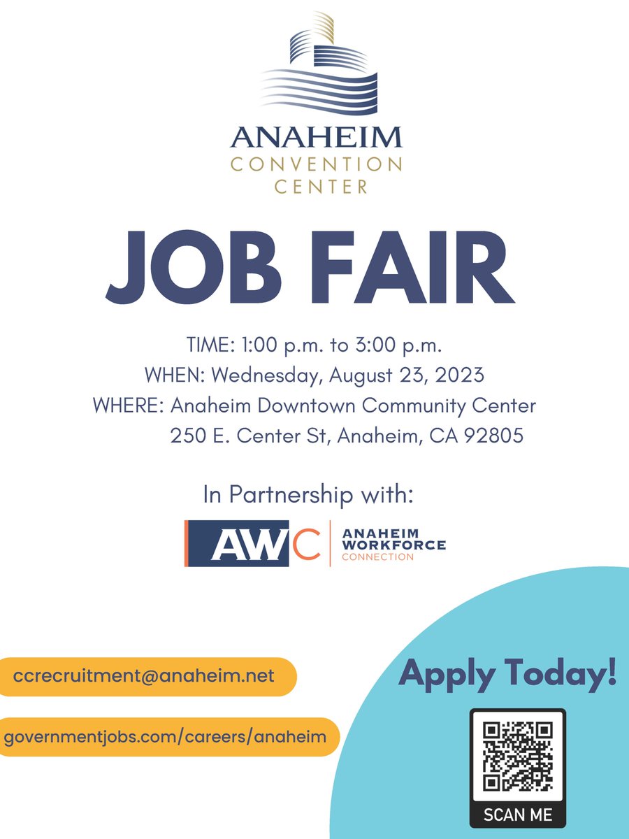 AWConnection's tweet image. No Job, No Problem. Anaheim Convention Center is Hiring! Save the Date!
#JobFair #ACCenter #AWConnection #Jobs
