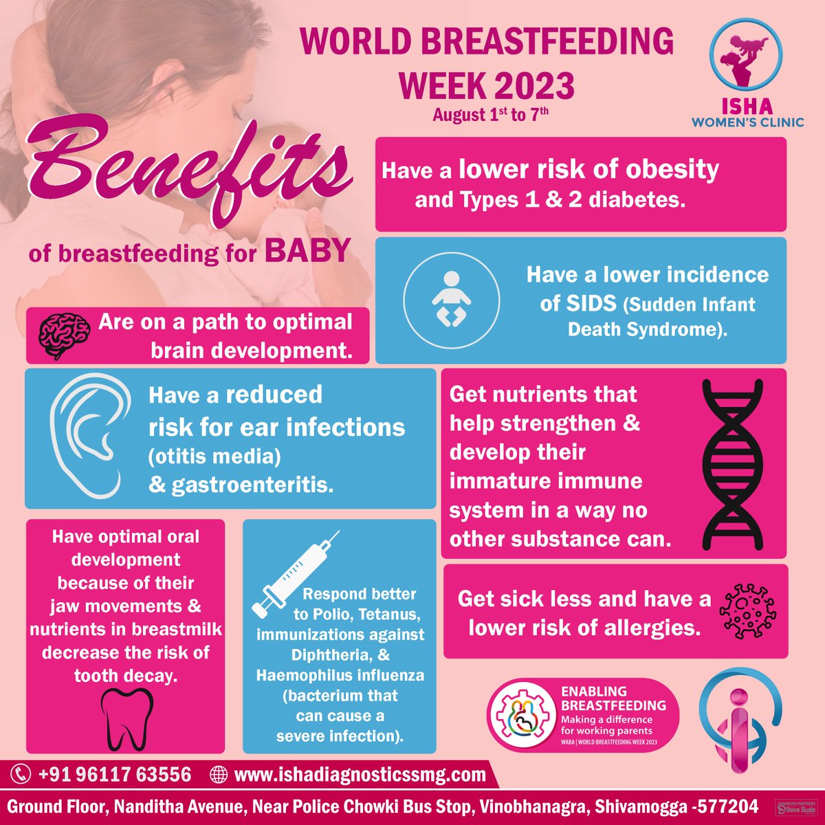 IshaDiagnostic's tweet photo. World breastfeeding week
Benefits of breastfeeding to BABY
ISHA WOMEN'S CLINIC | ISHA dignostic &amp; Healthcare
Consult our gynecologist
📳+91 96117 63556
🌐https://t.co/U3XxxeacJF
#isha #shivamogga  #pathology #medicine #trending #gynecology #obgyn #menstruation #periods #period https://t.co/0XyP9BsU7b