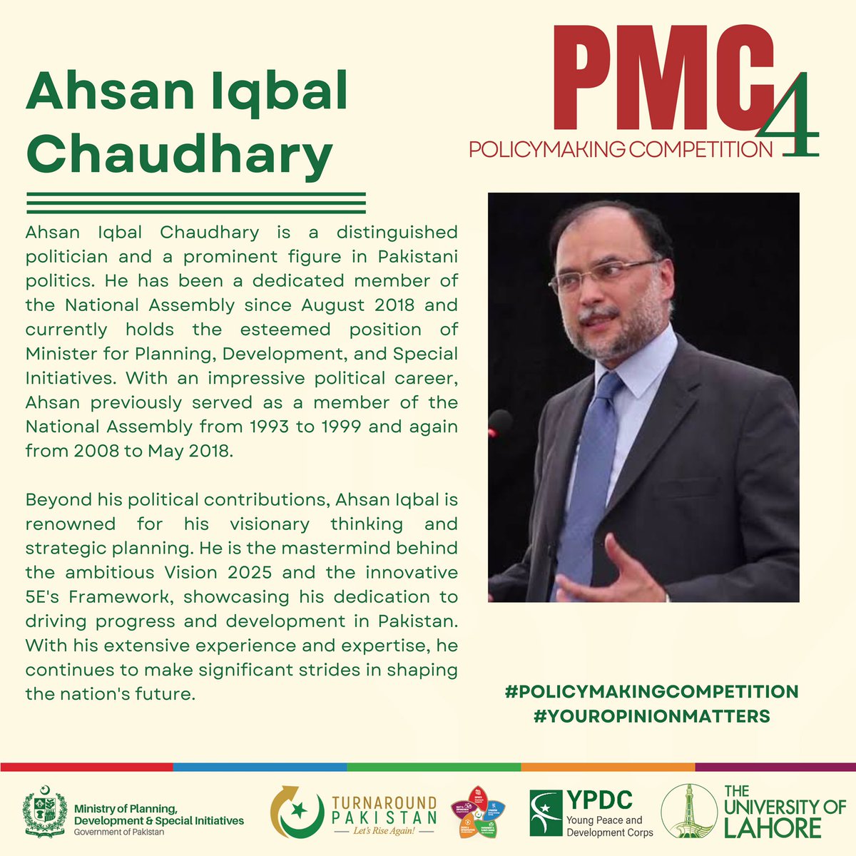 PakistanYpdc's tweet photo. We are truly honored to have Prof. Ahsan Iqbal, Minister of Planning, Development, and Special Initiatives, Government of Pakistan, as the chief guest for the opening ceremony of the Fourth Policymaking Competition. 
@betterpakistan

#youropinionmatters #5Es #PMC23 #YPDCUOL https://t.co/nRG8zKkG5X