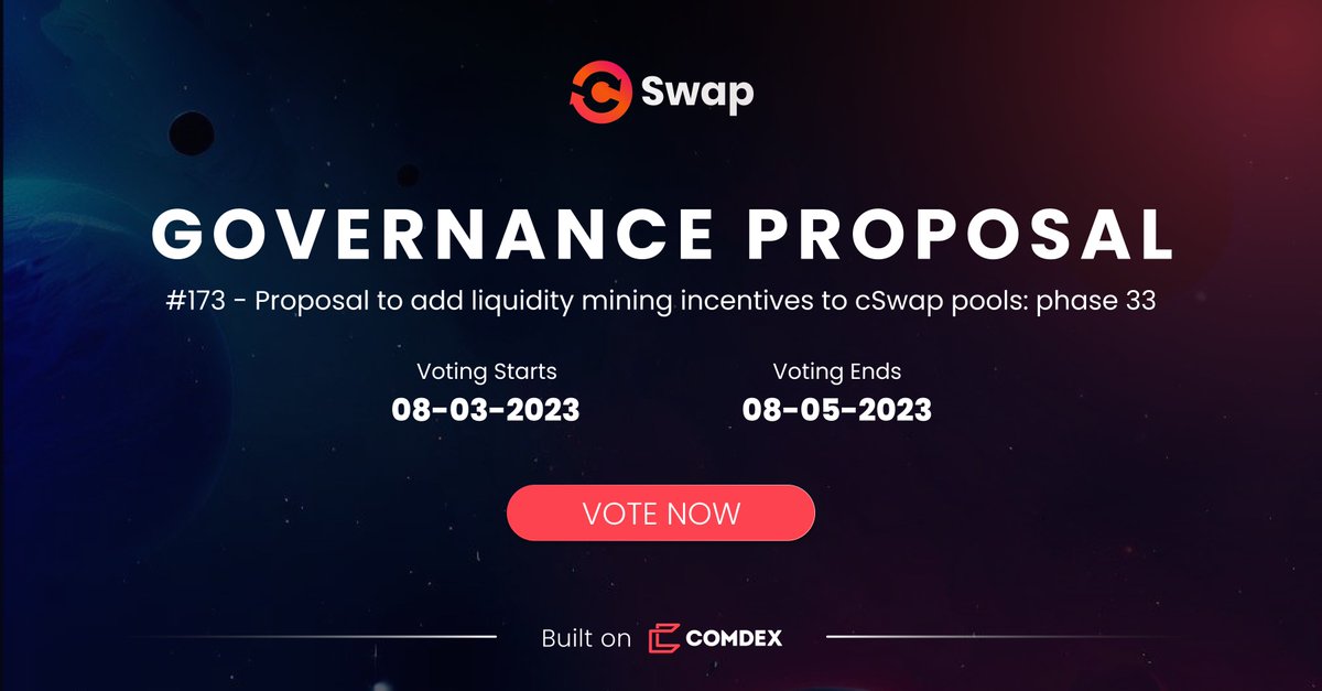 ⚖️Governance Time!

Proposal #173 - to add liquidity mining incentives to cSwap pools: phase-33 is LIVE for voting.

This will add liquidity incentives by allocating 144,375 CMDX - to be distributed as per the model for liquidity rewards.

Read more👇
bit.ly/43YwPkO