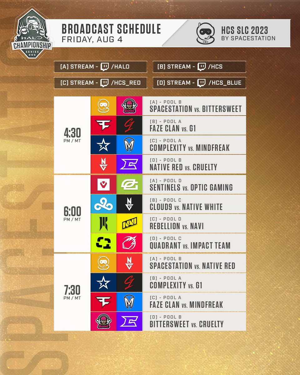 Safe travels to everyone joining us this weekend at the #HCSSLC23 Global Invitational, hosted by <a href="/Spacestation/">Spacestation Gaming</a>! ✈️

Pool Play kicks off tomorrow!

📅 Aug 4-6
🕛 12p MT / 2p ET
📺 Twitch.tv/Halo