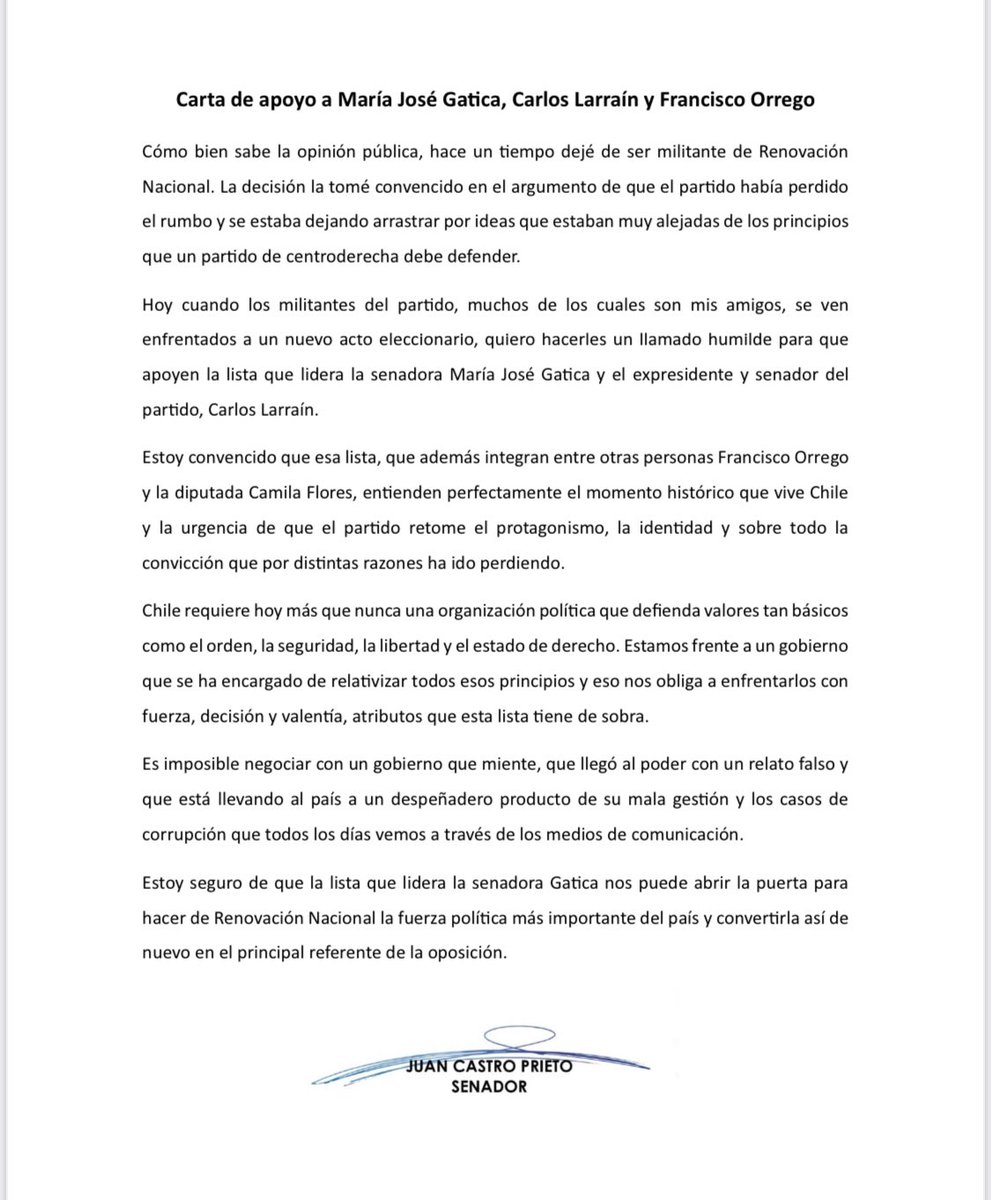 SenadorCastro's tweet image. Pese a no ser militante Rn, formo parte de la bancada de senadores. Y porque quiero un cambio profundo en la conducción partidaria, es q hago un llamado a apoyar a @MjGaticaB en elecciones internas. Ella tiene el liderazgo para reposicionar al partido y enfrentar a la izquierda.