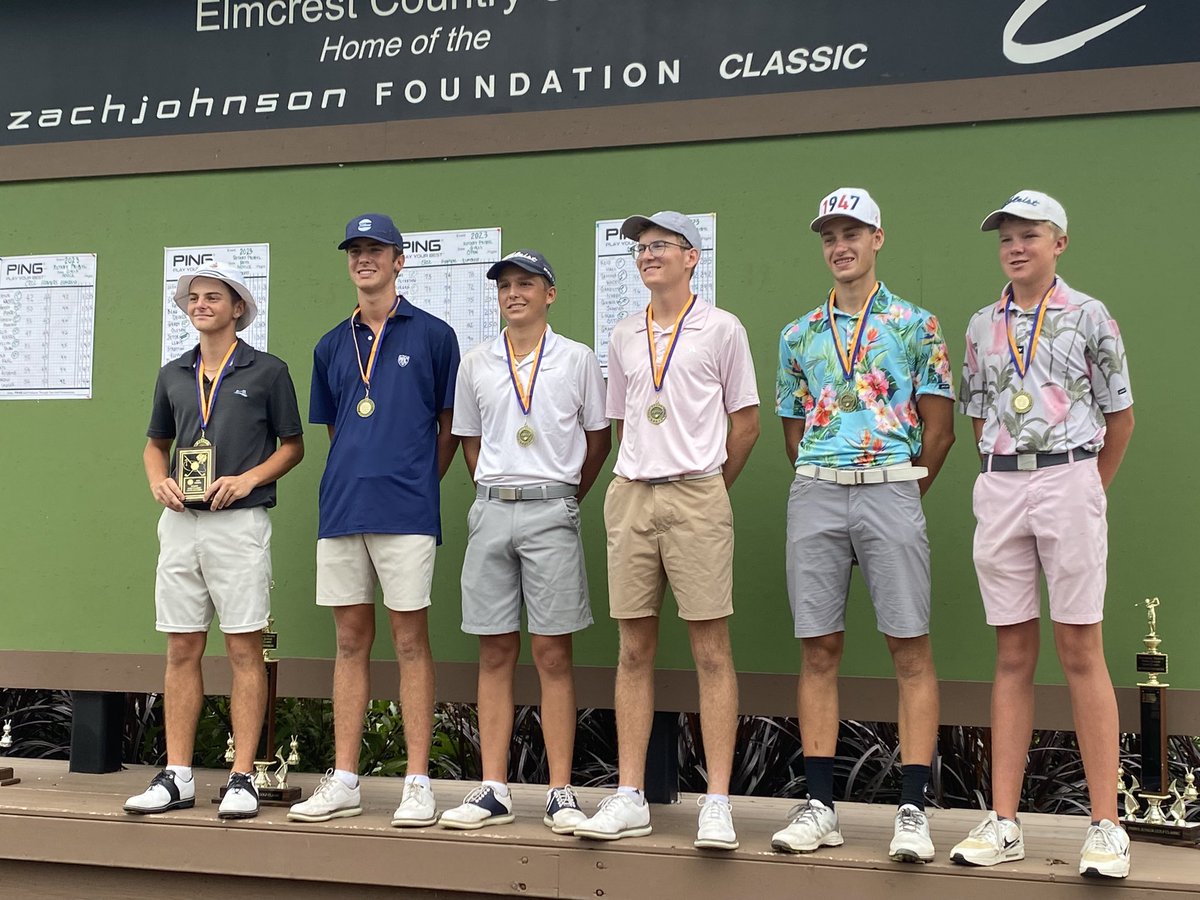 Top 6 of the Rotary Pribyl Golf Classic boys’ open division. Reid Hall (Far left) shot 71 in final round at Elmcrest &amp; won.
1. Reid Hall, CRK, 285
2. Tanner Wachtl, CRP, 292
3. Garrett Nurre, CRX, 299
4. Quincey Johnson, CRX, 301
5. Grant Allen, CRX, 301
6. Logan Otting, CRX, 303