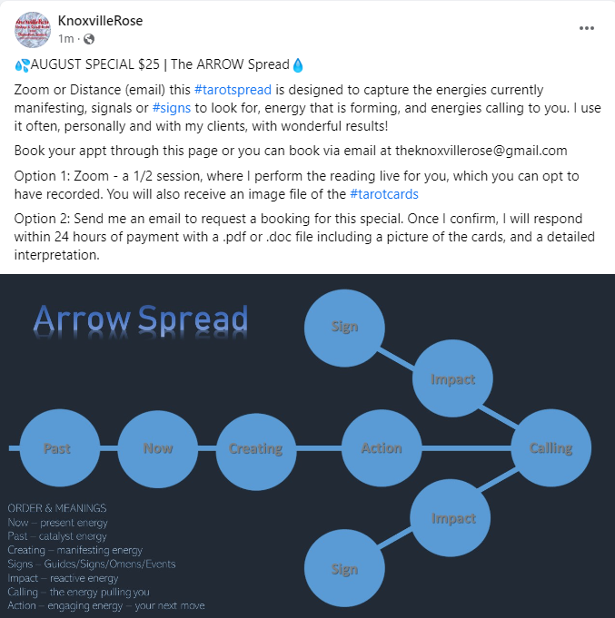KnoxvilleRose's tweet photo. I love this #tarotspread - it has been good source of guidance in my personal path, and I have used it w/meaningful results with my clients. $25 through the month of August - see the info in the pic. dm to book or email. #tarot #tarotreader #intuitivecounseling #intuitive 🌹🌹🌹 https://t.co/L5isSC3aSY