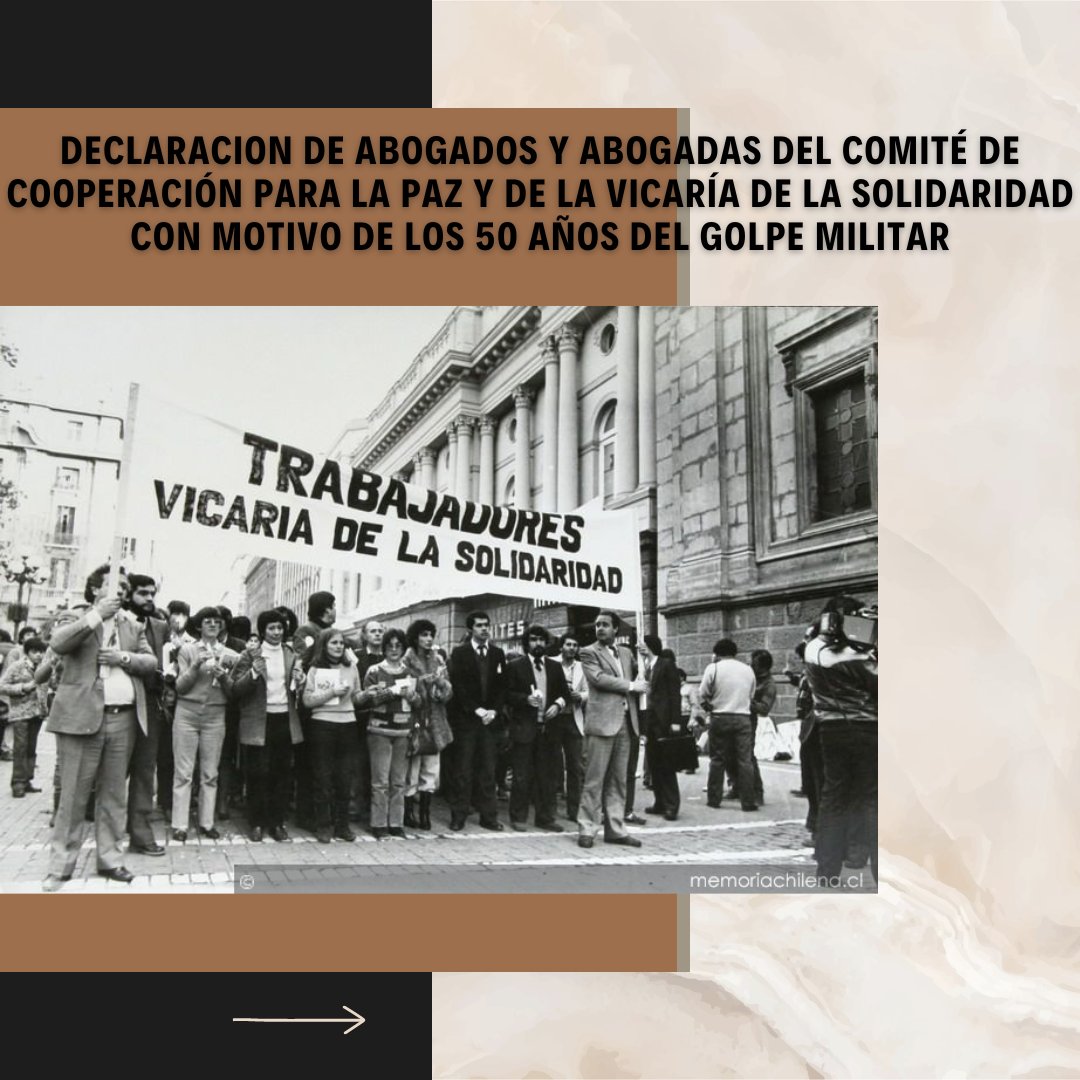 icrfucn's tweet photo. Compartimos la declaración de abogados y abogadas del Comité de Cooperación para la Paz y de la Vicaría de la Solidaridad con motivo de los 50 años del golpe militar.

Créditos de la imagen principal: https://t.co/UCHvXFZf7W

Créditos de la imagen final:  https://t.co/7LYXVKsKu4 https://t.co/yOVJxbq2lY