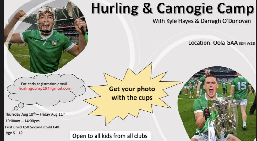 Darragh O' Donovan (@darr_odonovan) on Twitter photo Looking forward to a great few days at the Hurling & Camogie camp in Oola.
Email: hurlingcamp19@gmail.com for a link for registration 😉
All support greatly appreciated👏🏼
Peace out ✌🏻 Looking forward to a great few days at the Hurling & Camogie camp in Oola.
Email: hurlingcamp19@gmail.com for a link for registration 😉
All support greatly appreciated👏🏼
Peace out ✌🏻