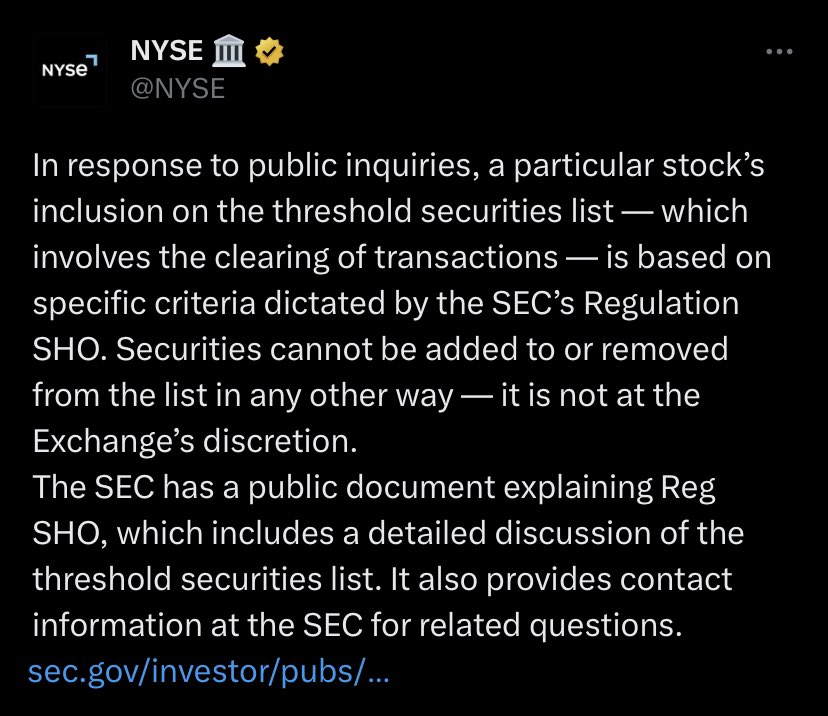 InvestorTurf's tweet photo. The NYSE releases a statement concerning a specific stock listed under the threshold securities. https://t.co/SFelpbcH26