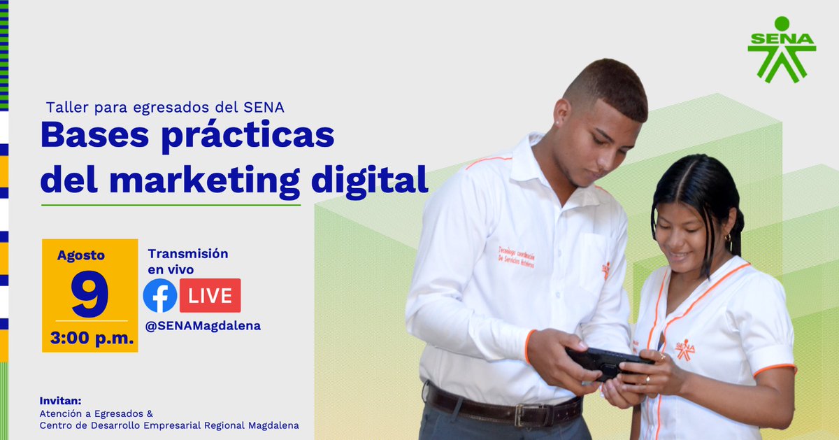 sena_magdalena's tweet photo. 🔴#FBLIVE 👉🏽#Conéctate | La Oficina de Atención a Egresados y el Centro de Desarrollo Empresarial de la Regional Magdalena, invita a los #EgresadosSENA a participar del taller “bases prácticas del marketing digital”.
📅 Miércoles, 9 de agosto de 2023
⏰ 3:00 p.m.
¡Te esperamos! https://t.co/0uUJVTdZXF